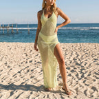One-piece knit swimsuit in light green, scoop front and high-leg slit