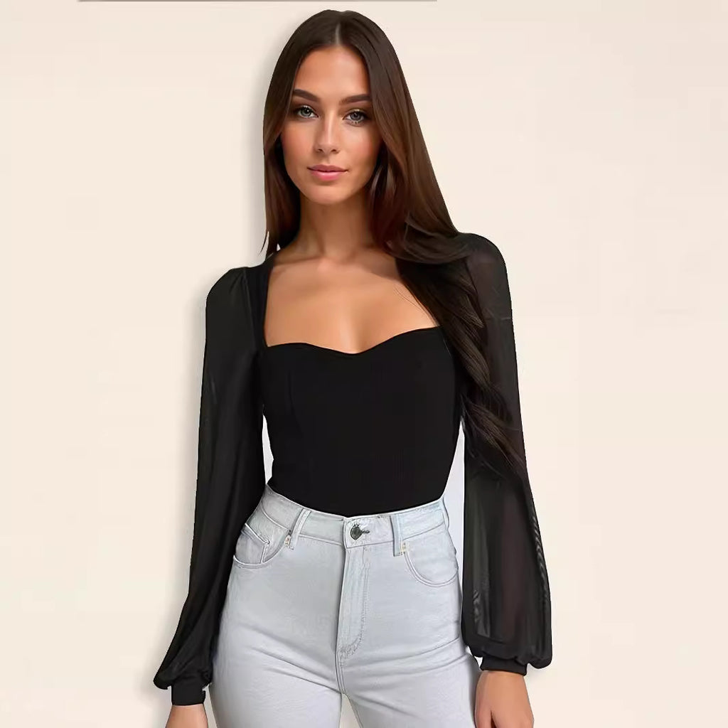 Slim Fit Patchwork Mesh Long Sleeve Jumpsuit