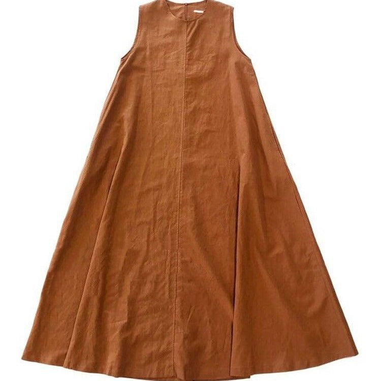 Cotton A-Line Loose Korean Dress Casual Minority Solid Color Sleeveless round