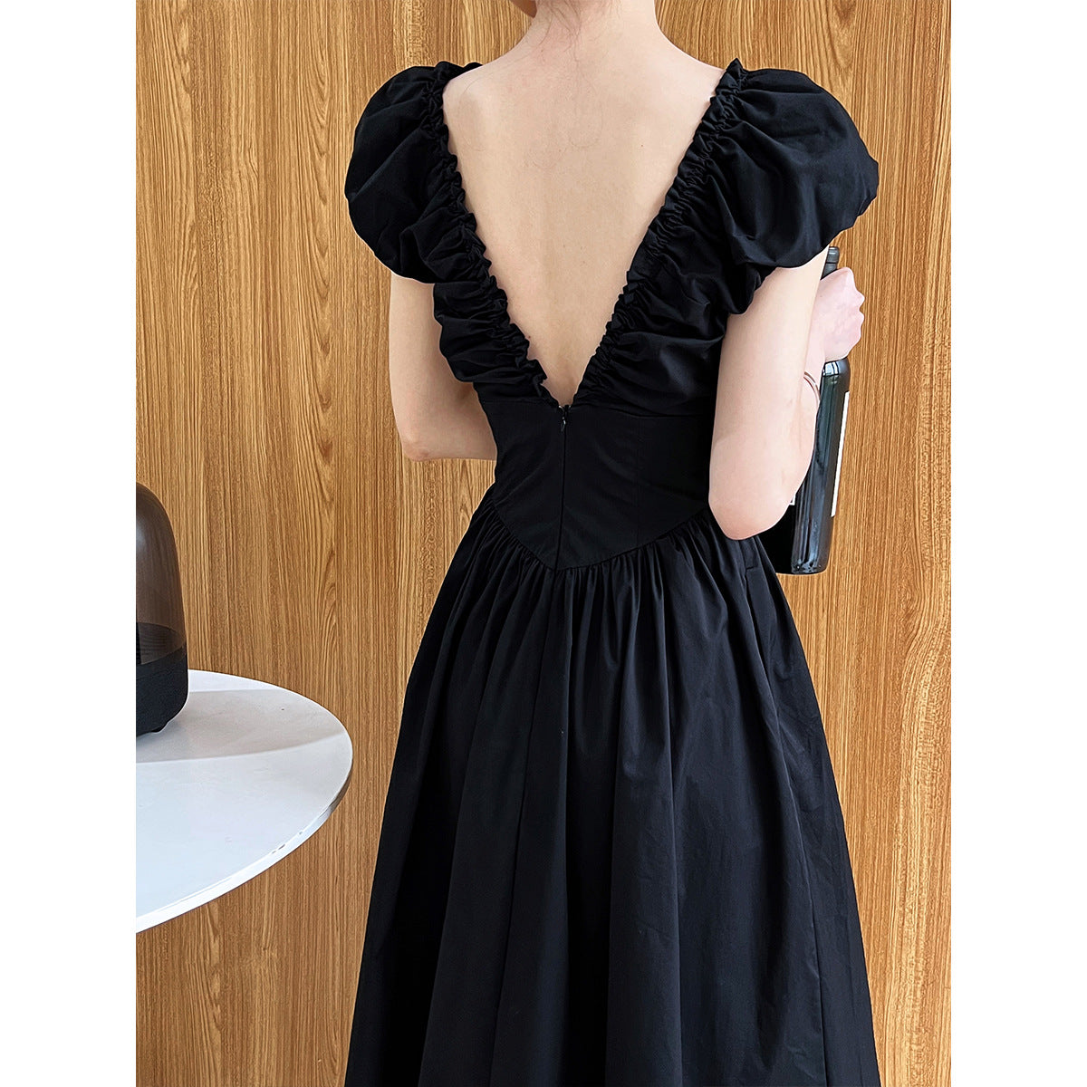 French Fitted Waist Backless V-Neck Dress Elegant Sleeveless Pleated