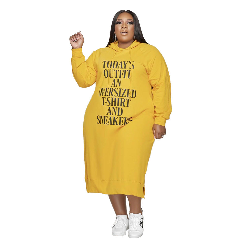 Plus Size Loose Midi Letter Graphic Print Hooded Sweater Dress