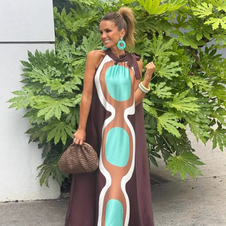 Summer Printing Halter Lace-Up A Swing Vacation Dress