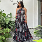 Printed Stitching Lace-Up Large One-Shoulder Backless Dress
