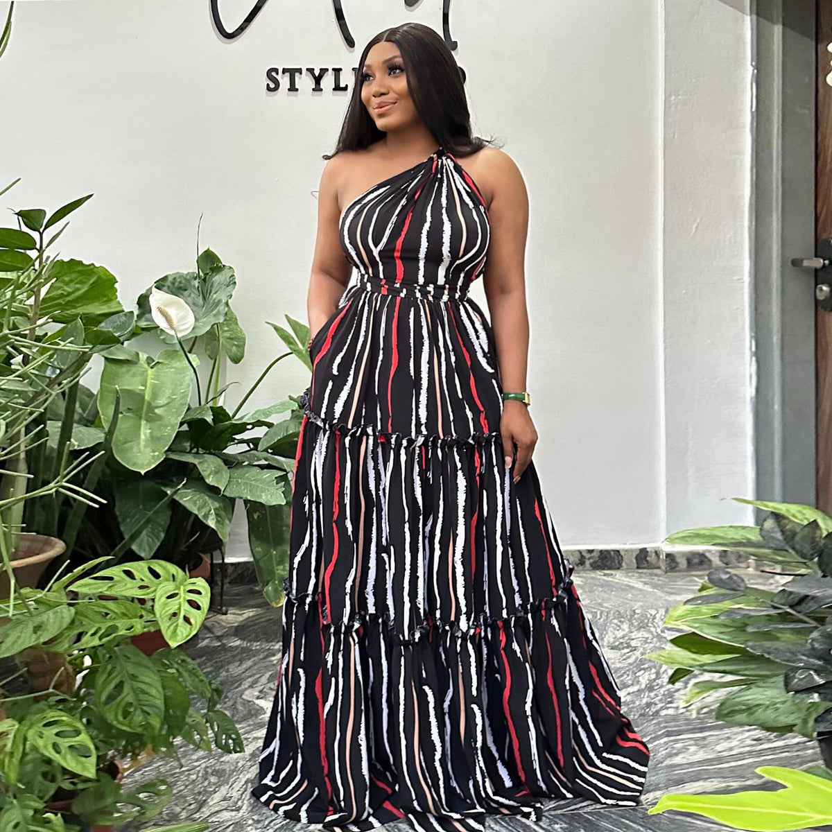 Printed Stitching Lace-Up Large One-Shoulder Backless Dress