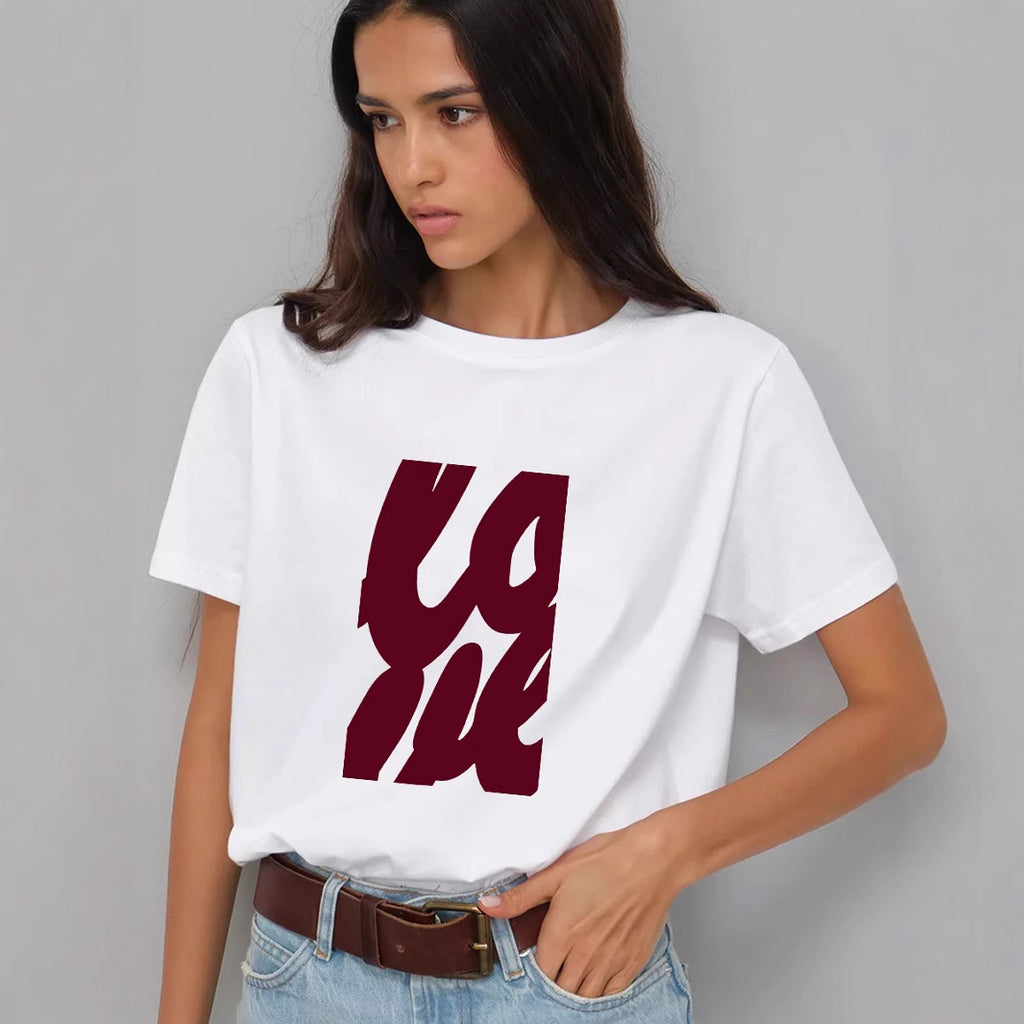 Women's Simple Letter Graphic Print T Shirt Women Summer Loose Round Neck Cotton Short Sleeve Top