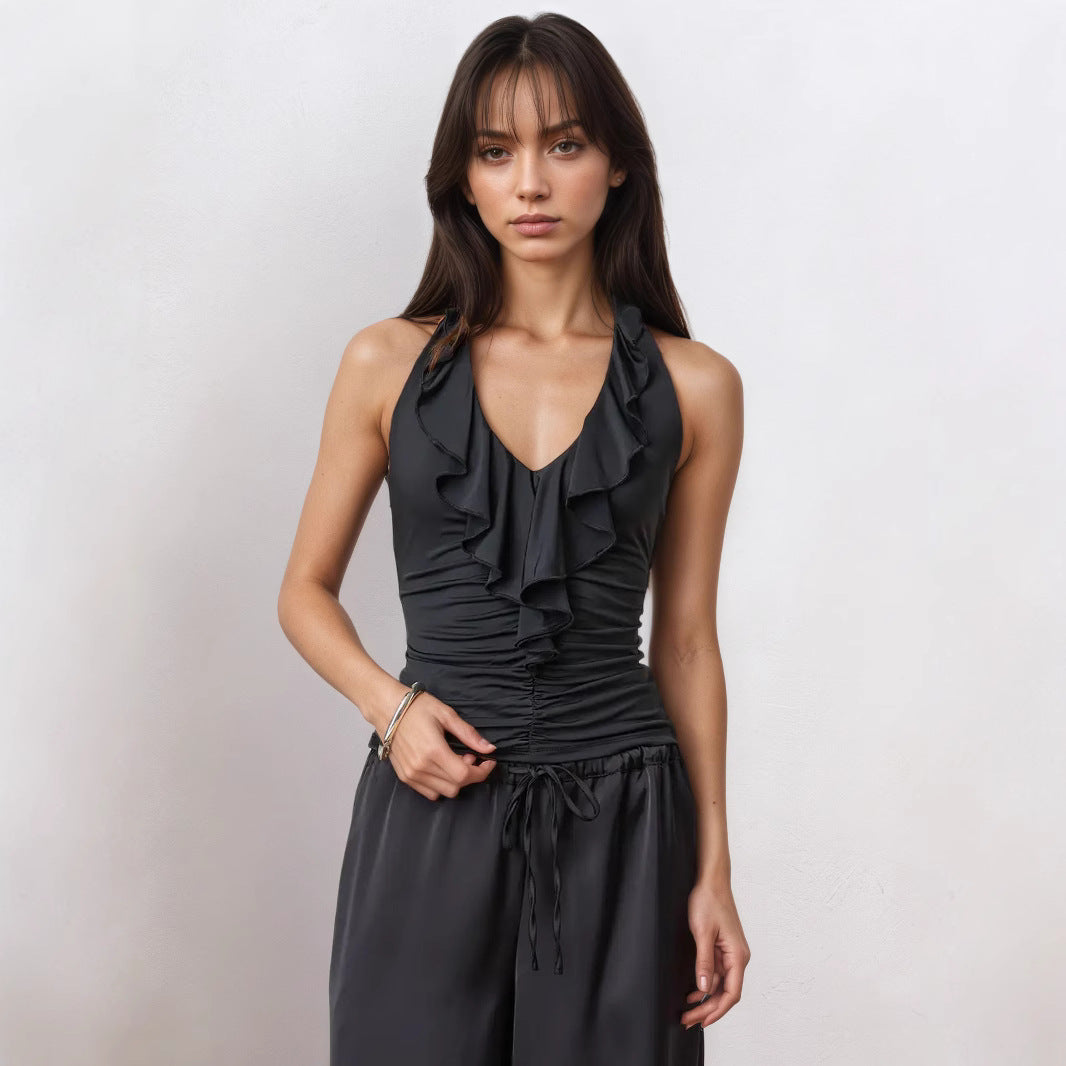 's Elegant V Neck Flounce Backless Lace Up Halter Top