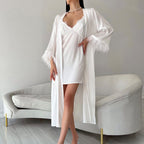 Satin Comfortable Loose Home Wear Women Autumn Stitching Feather Sleeve Nightgown Nightdress Two Piece Sets