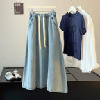 Autumn EW Drawstring Denim Skirt Women HW Slimming Cover A