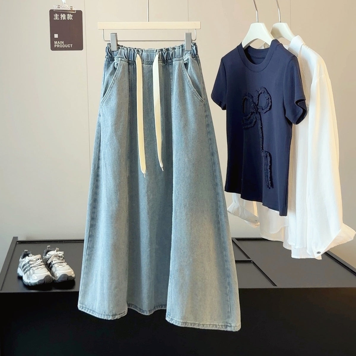 Autumn EW Drawstring Denim Skirt Women HW Slimming Cover A