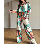 Women's Elegant Women's Printed Office Shirt High Waist Wide Leg Pants