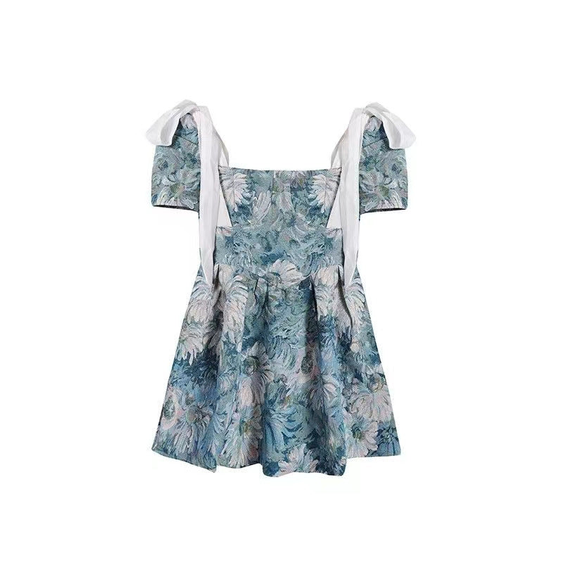 Women's Floral Dress Women Summer French Cinched Short Dress Niche Design Sweet Puff Sleeve Dress
