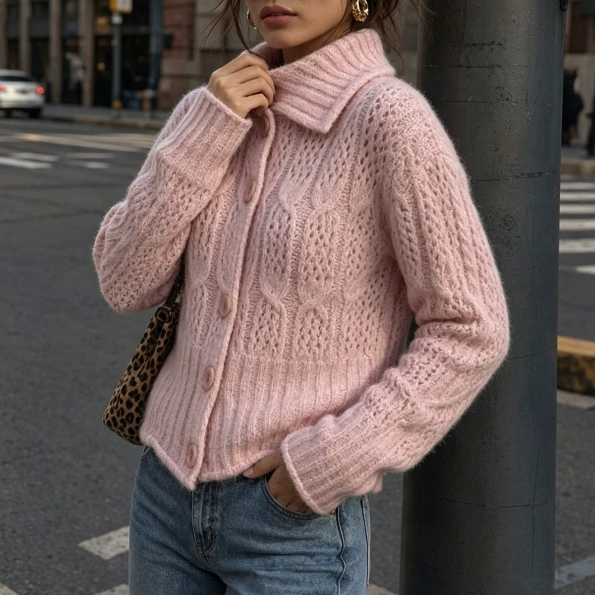 Women's Polo-Collar Cable-Knit Cardigan