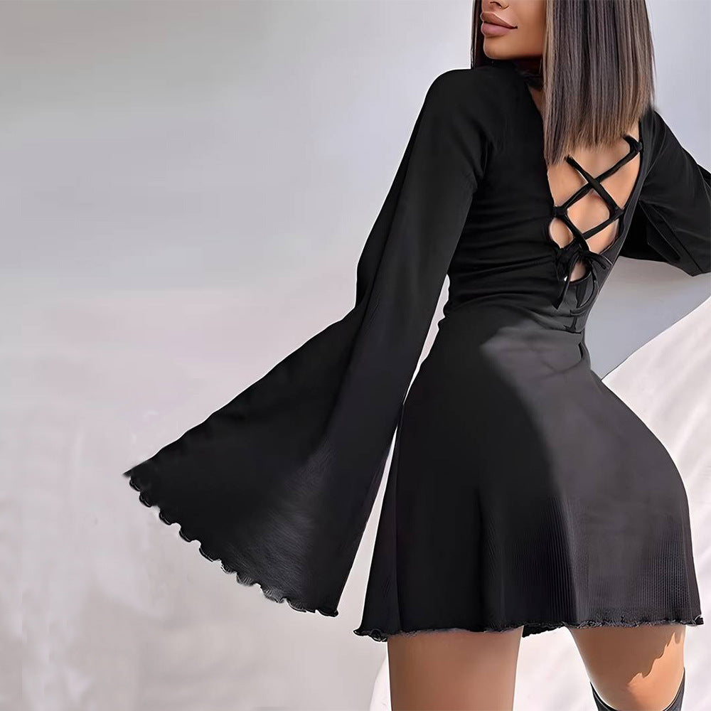 Women's Big Bell Sleeve Dress Backless Women