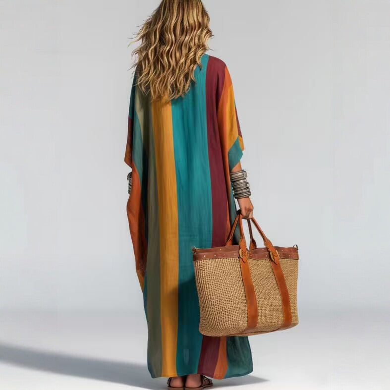 Women's Bohemian Striped V-Neck Midi Dress