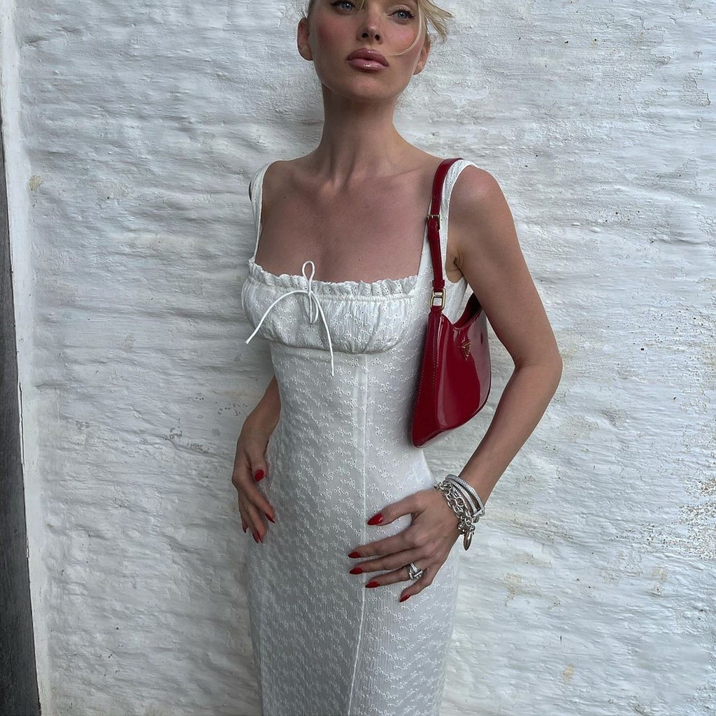 Embroidered Square Neck Slit Maxi Dress