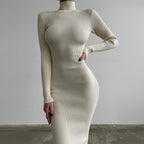 High Collar Midi Sunken Stripe Knitted Dress Solid Color Wool Tight