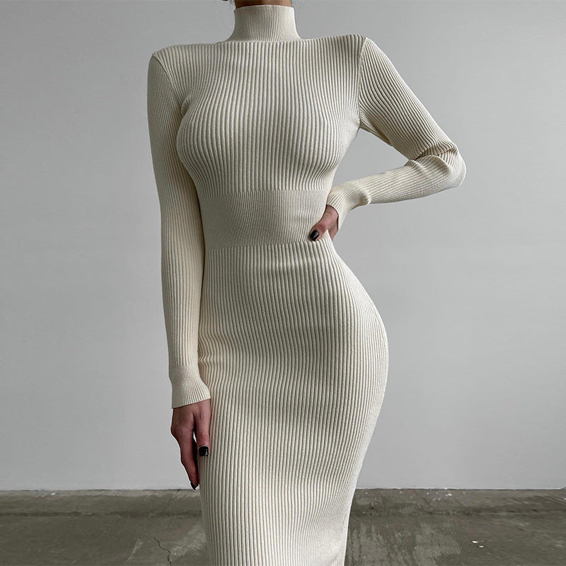High Collar Midi Sunken Stripe Knitted Dress Solid Color Wool Tight