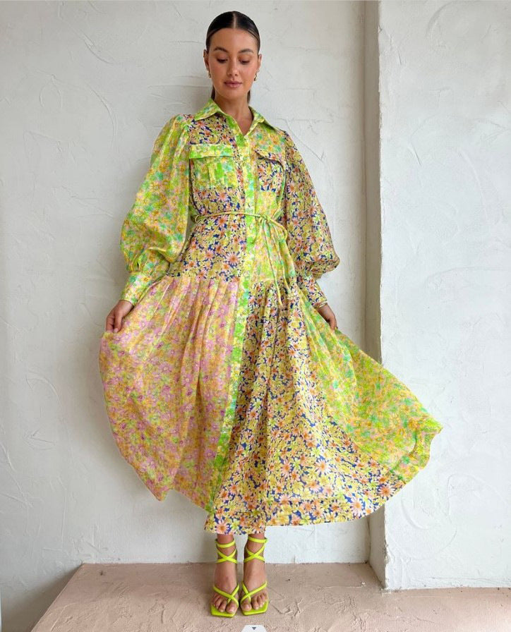 Floral Color-Block Lantern Sleeve Maxi Dress