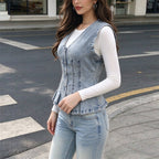 V Neck Tight Waist Denim Vest Retro Washed Lotus Leaf Hem