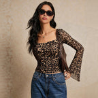 Women Clothing Square Collar Leopard Print Mesh Long
