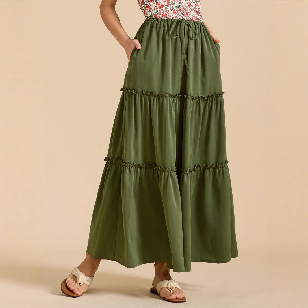 High Waist Elastic Pocket Long Adjustable Lace Up Skirt
