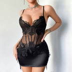 Eyelash-Lace Cinched-Waist Babydoll Lingerie