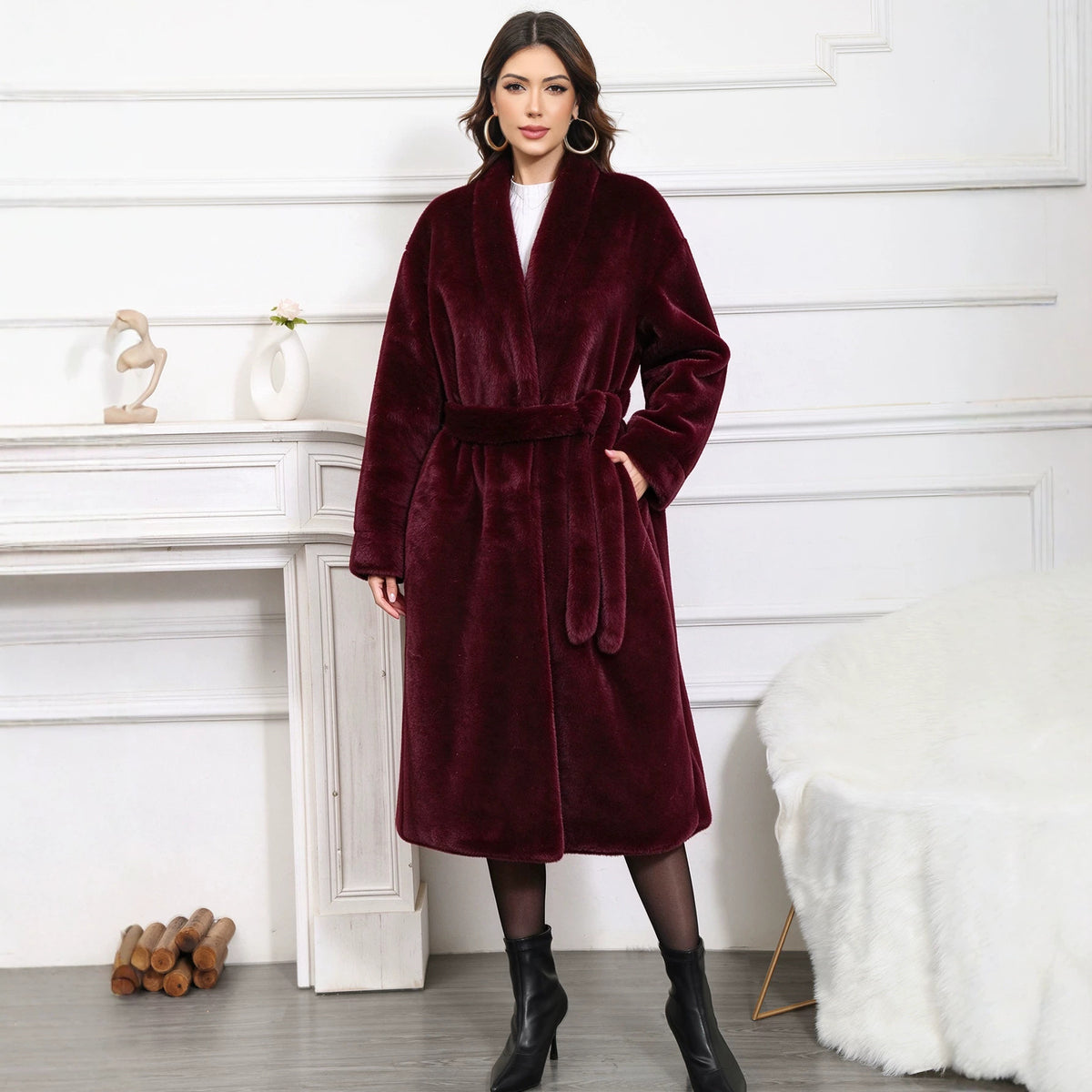 Women's Belted Faux-Fur Coat