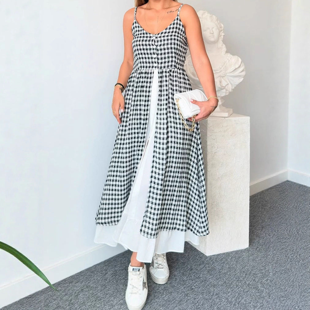 V-Neck Brace Casual Printing Plaid Split Faux Two Pieces Dress