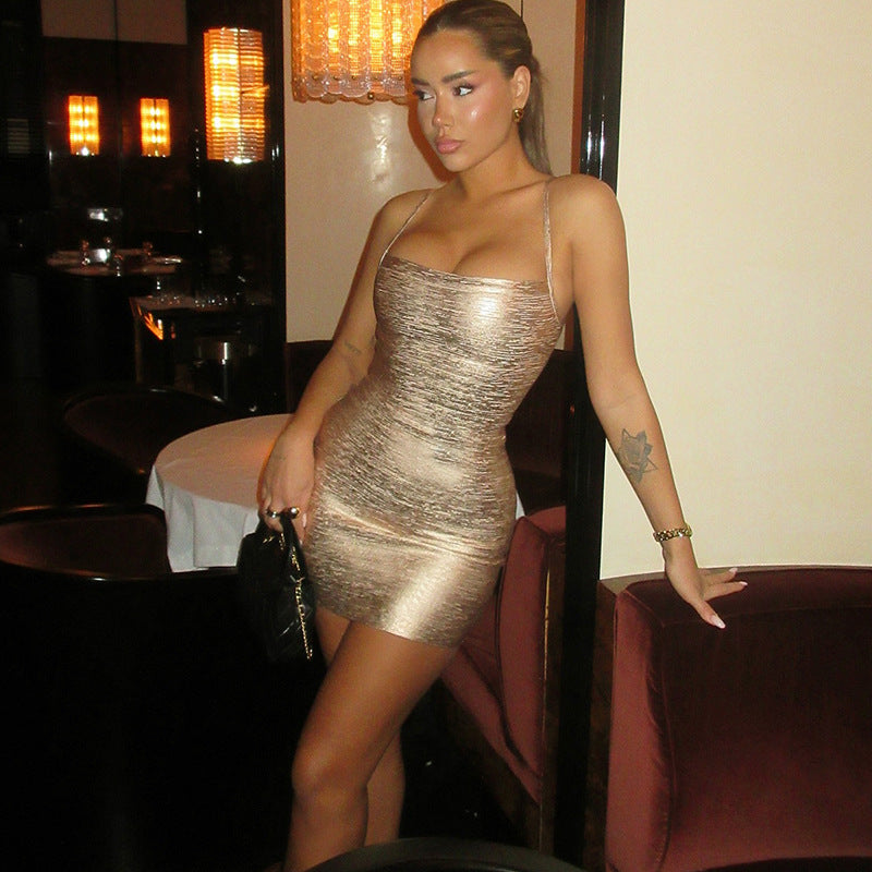 Gold metallic bodycon mini dress with thin spaghetti straps