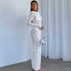 Spring Summer Solid Color Lace See Through Long Sleeve Midi Dress