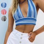Women's Striped Wool Deep V-Neck Backless Tied Top