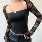 Women’s Black Lace Square Neck Fitted Top