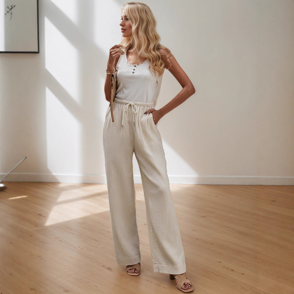 Summer Casual Solid Color Cotton Trousers Elegant Simple All Match Elastic Wide Leg Pants
