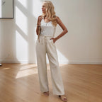 Summer Casual Solid Color Cotton Trousers Elegant Simple All Match Elastic Wide Leg Pants
