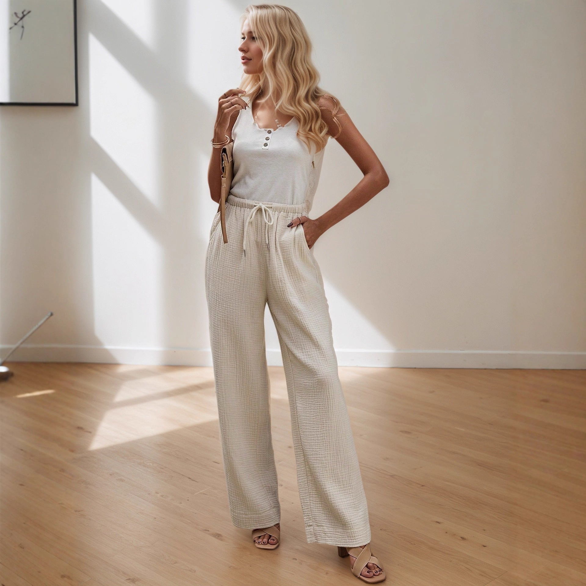 Summer Casual Solid Color Cotton Trousers Elegant Simple All Match Elastic Wide Leg Pants