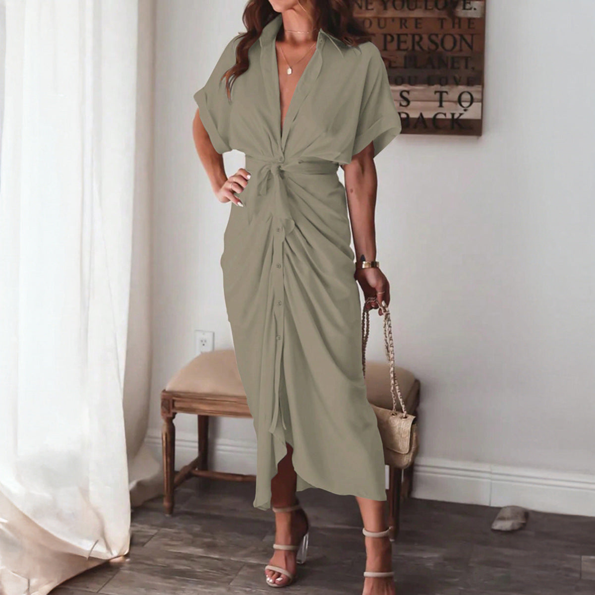 Women's Collared Belted Button Half-Sleeve Maxi Dress