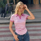 Women's Striped Pleated Polo T-Shirt