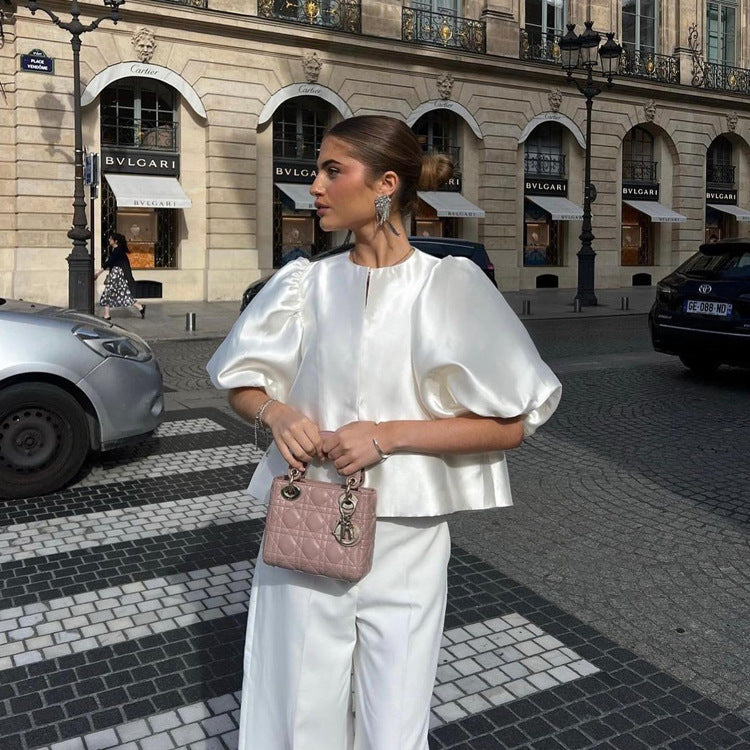 Satin Puff-Sleeve Top