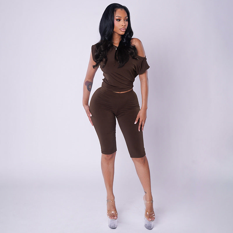 Women Clothing Autumn Solid Color One Shoulder Short Sleeve