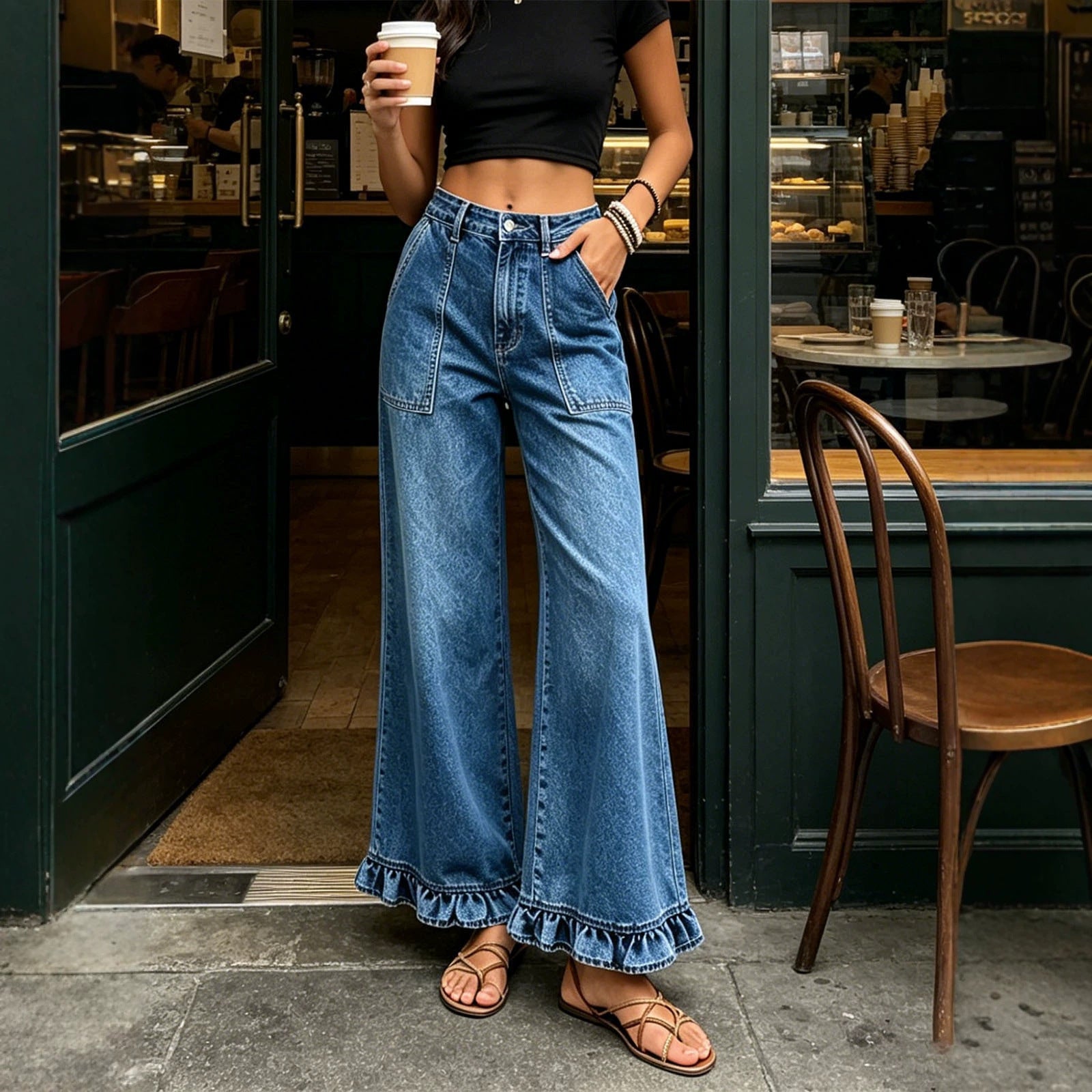 Lace Loose Straight Design All Matching Women Jeans