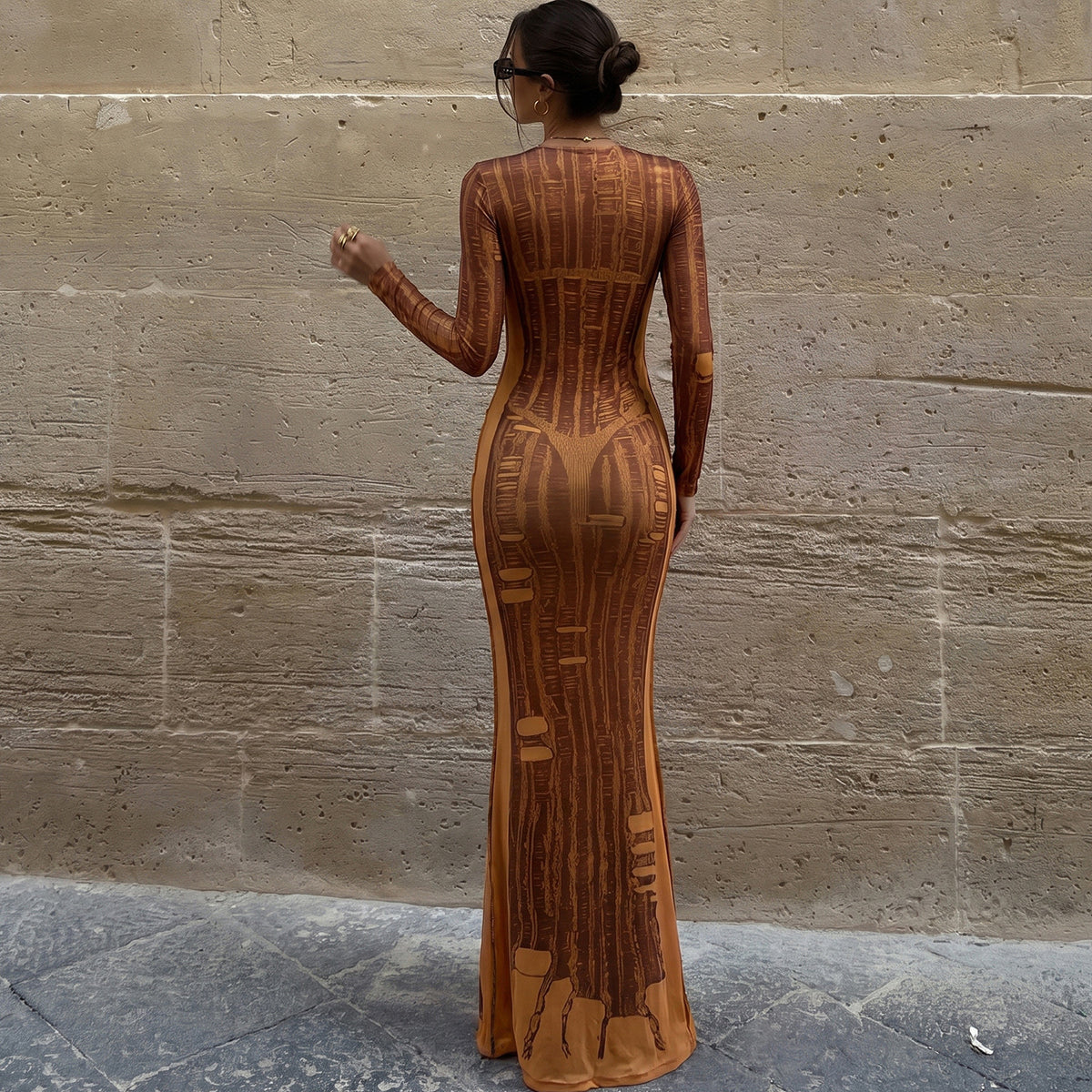 Women's Slim-Fit Printed Long-Sleeve Dress