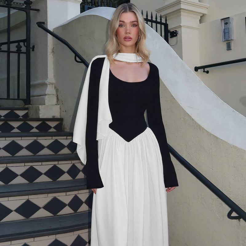Women's Sexy off the Shoulder Long Sleeve Color Contrast Patchwork Dress