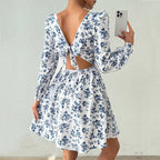 Women's French Floral Square-Neck Backless Dress