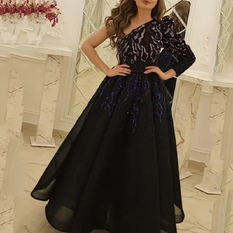Black Gold Sequin One-Shoulder A-Line Maxi Dress