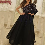 Black Gold Sequin One-Shoulder A-Line Maxi Dress