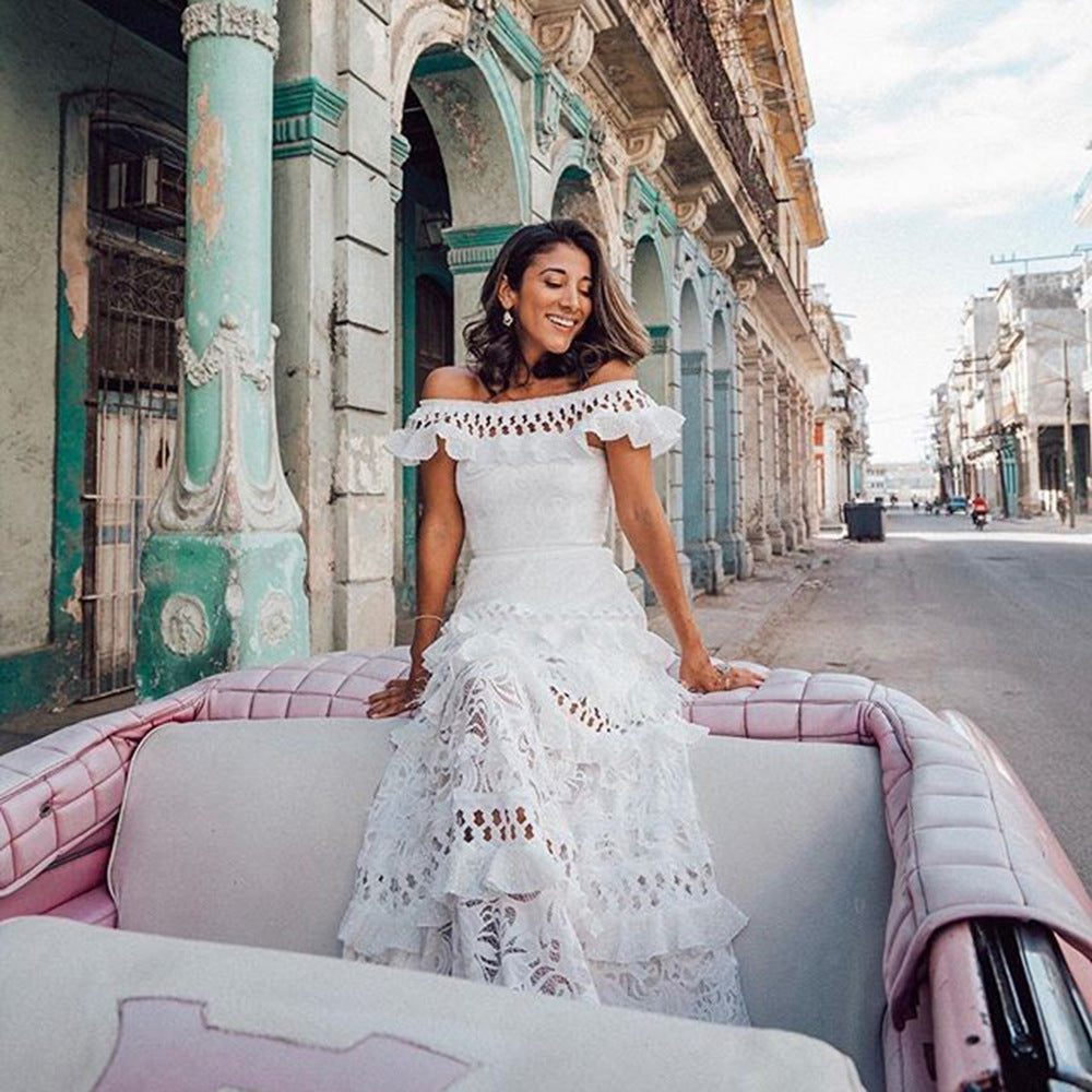 Off-Shoulder Ruffled Lace Maxi Dress