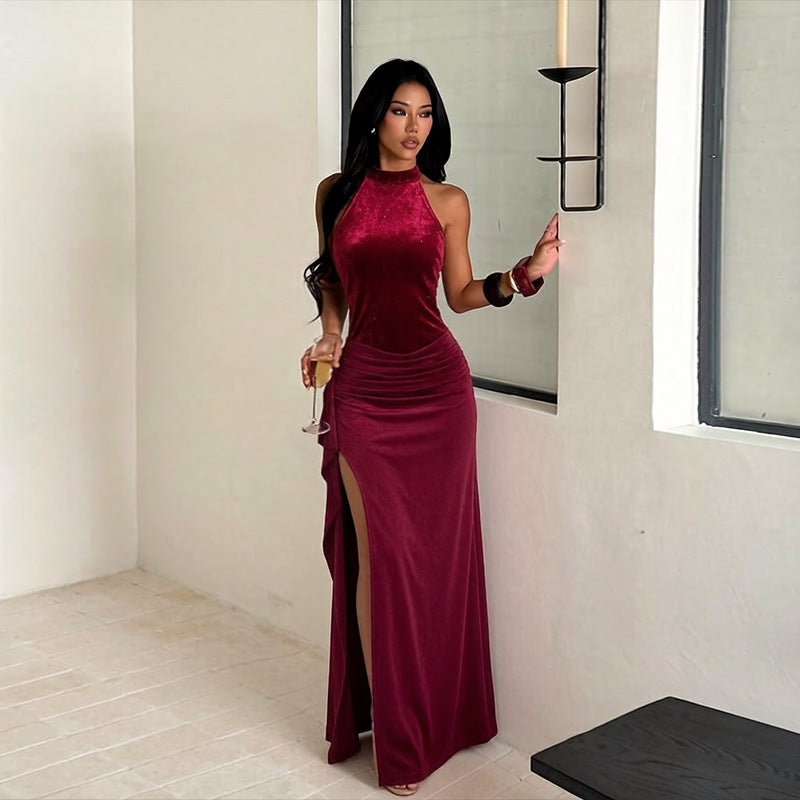 Women's Halter Velvet Sequin Maxi Dress