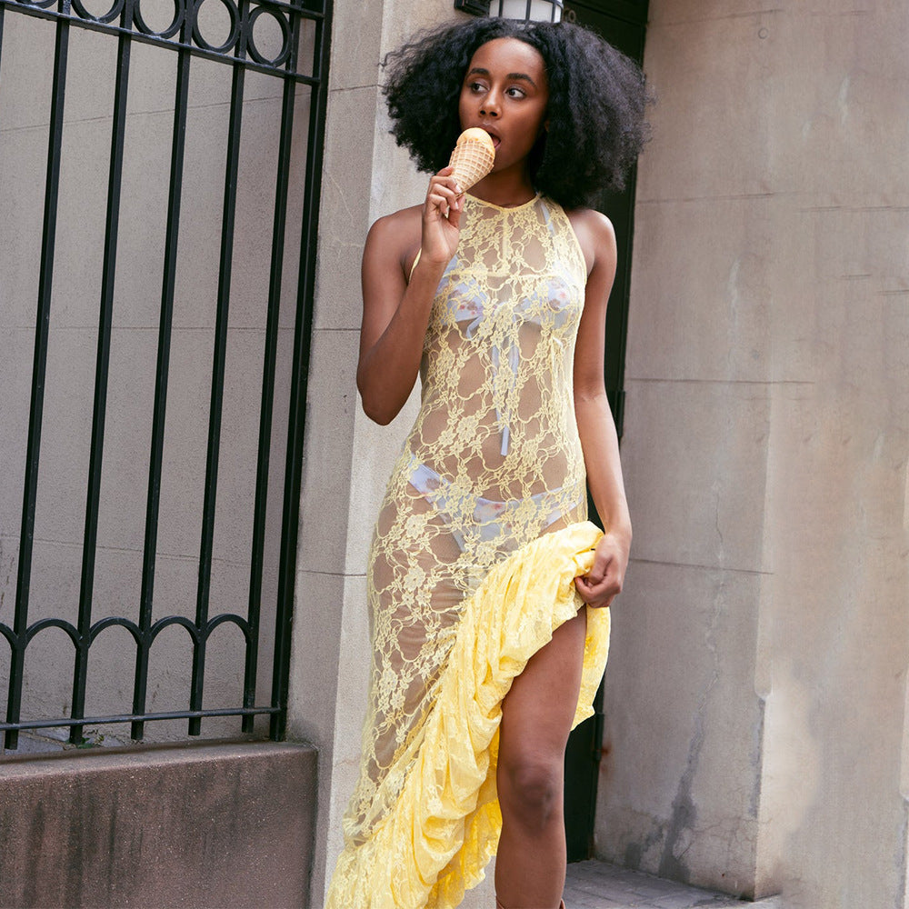 Lace Asymmetric Sleeveless Bodycon Midi Dress