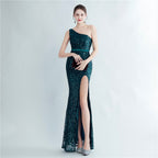 Women's Floral Sequin One-Shoulder Diagonal Collar Side Slit Long Evening Dress