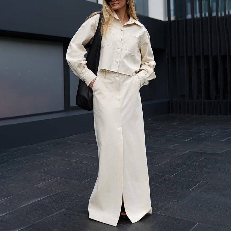 French Long-Sleeve Shirt & Split Skirt Set